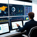 A diverse team of professional data analysts and strategists, fully clothed in modest business attire, gathered in a sophisticated control room. Large, luminous display screens in the background show complex data visualizations, real-time dashboards, interconnected ERP and MES system interfaces, and predictive analytics models, illustrating optimized production planning and future anticipation. The scene emphasizes foresight and intelligent decision-making, with team members pointing to screens and discussing, maintaining professional demeanor. Perfect anatomy, correct proportions, well-formed hands, natural pose, natural body proportions. The setting is clean, modern, and highly organized, reflecting efficiency and precision. Safe for work, appropriate content, fully clothed, professional.