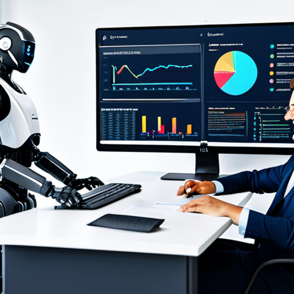 생산성과 향상을 위한 혁신 사례 - Automated Office Workflow**

"A brightly lit, modern office scene showcasing a robot arm assisting a...
