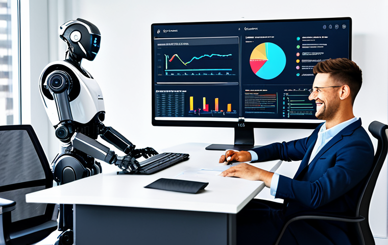 생산성과 향상을 위한 혁신 사례 - Automated Office Workflow**

"A brightly lit, modern office scene showcasing a robot arm assisting a...