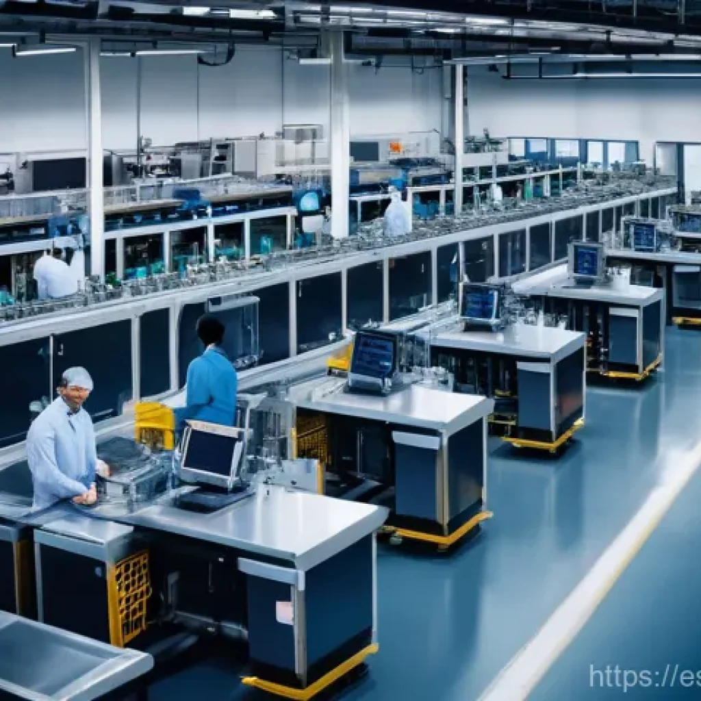 생산관리 직무 초보자를 위한 Q A - **Prompt:** A highly detailed, wide-angle shot of a vibrant, modern manufacturing factory floor duri...