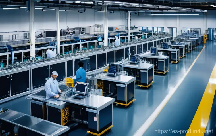 생산관리 직무 초보자를 위한 Q A - **Prompt:** A highly detailed, wide-angle shot of a vibrant, modern manufacturing factory floor duri...