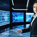 생산관리 분야의 여성 리더 사례 - **Prompt:** A dynamic, wide shot of a female CEO, in her late 30s, standing confidently in a futuris...