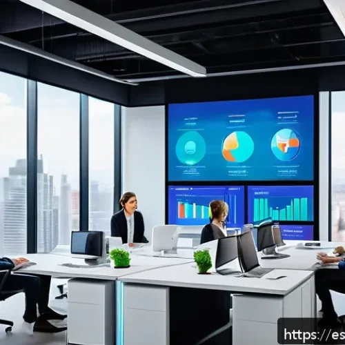 Home 17 생산성과 분석 보고서 작성 도구 - A modern business office environment featuring a diverse team of professionals collaborating around ...
