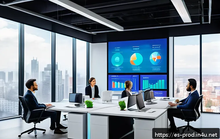 생산성과 분석 보고서 작성 도구 - A modern business office environment featuring a diverse team of professionals collaborating around ...