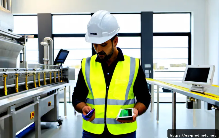 Home 17 생산관리 분야의 최신 트렌드 - Photorealistic modern food production facility in Spain, diverse operations manager wearing safety v...