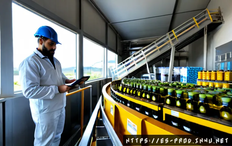 생산관리와 SCM의 관계 - Photorealistic wide-angle view of a modern Spanish food production facility, a production manager in...